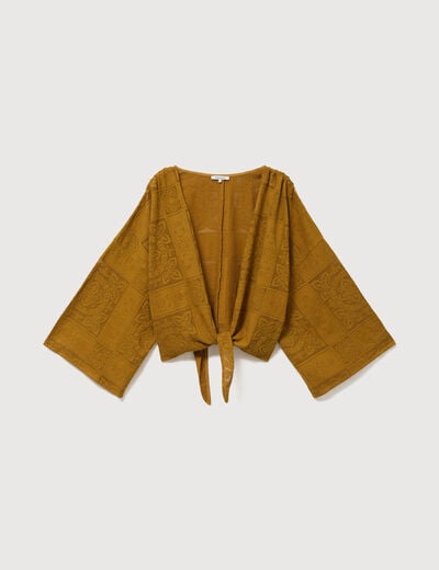 Gilet ajour&eacute; col v manches coude vert olive femme