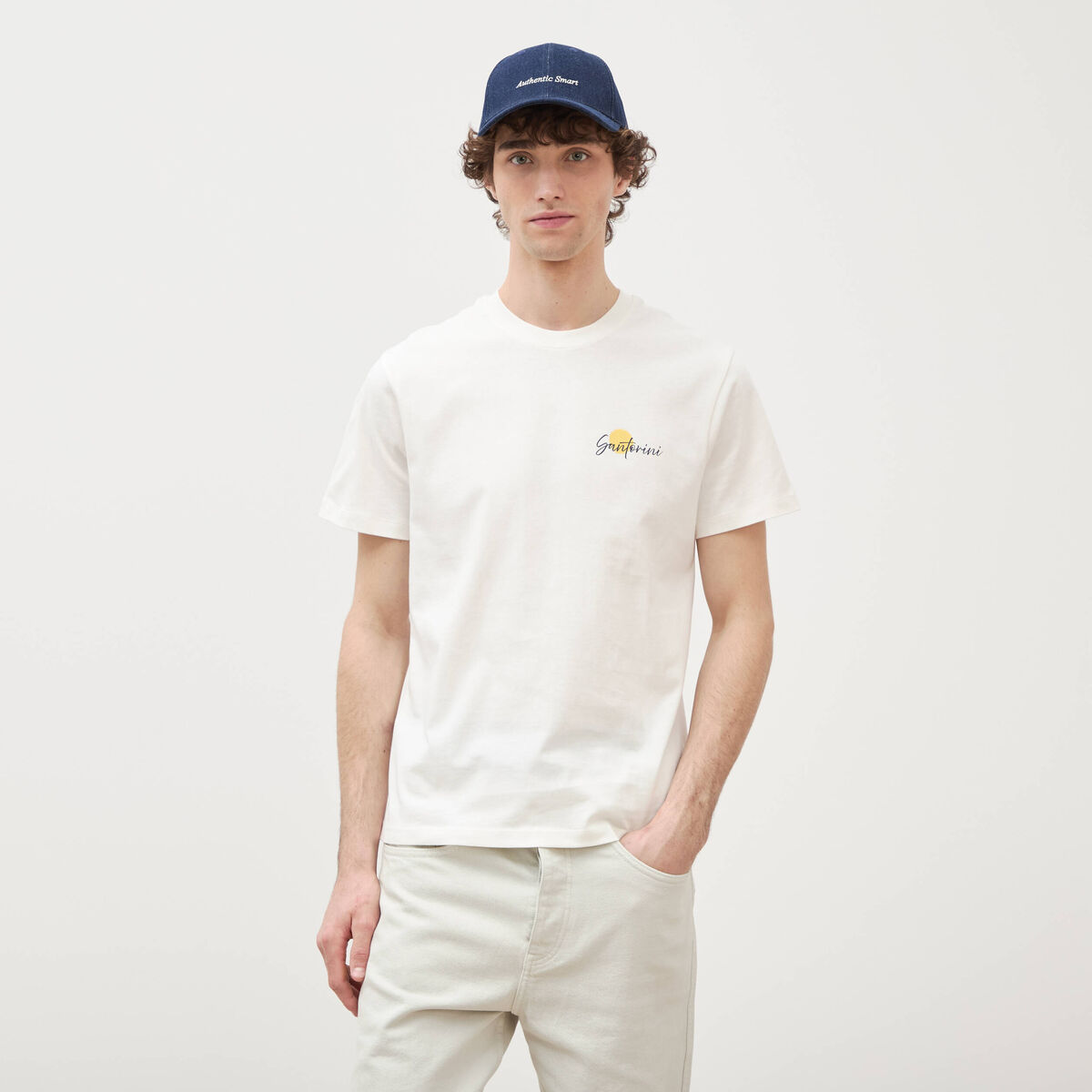 T-shirt droit en coton col rond ecru homme
