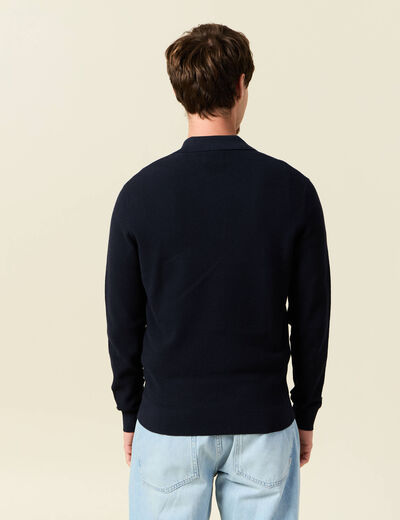 Pull droit col polo manches longues bleu marine homme