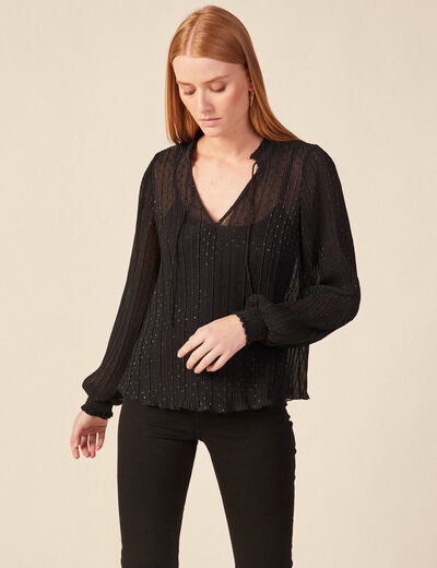Blouse manches longues pliss&eacute;e noir femme