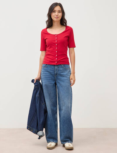 T-shirt c&ocirc;tel&eacute; ajust&eacute; manches courtes rouge femme
