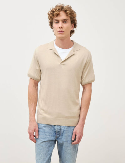 Polo manches courtes col cubain beige homme