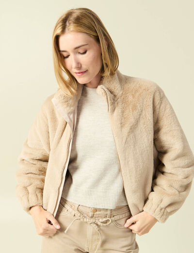 Veste droite courte col montant beige femme
