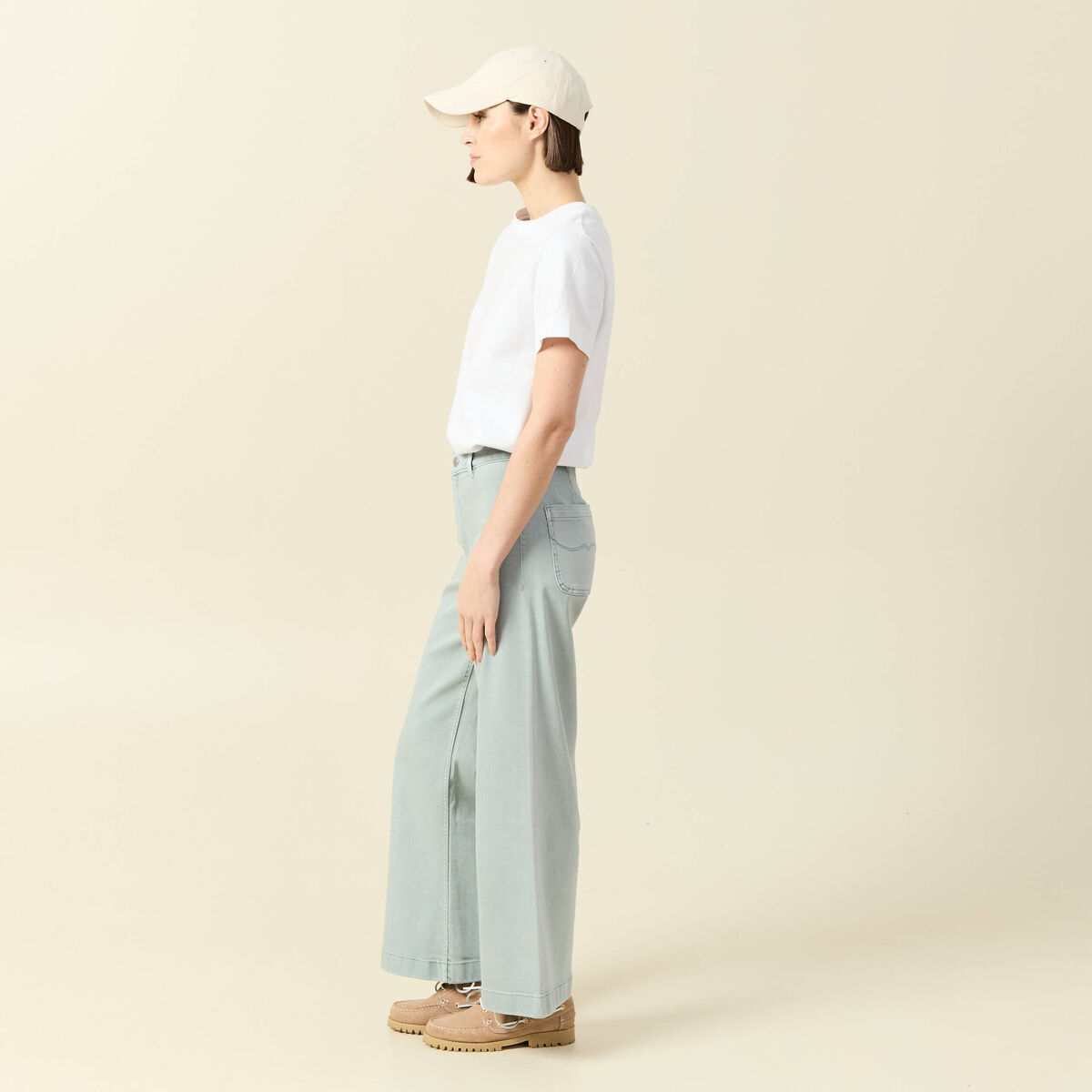 Jeans large cropped taille haute bleu gris femme
