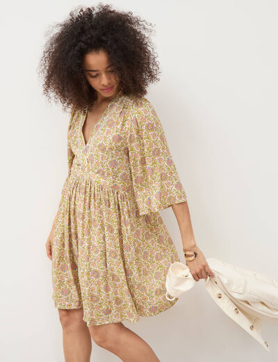 Robe fluide col v manches courtes vert femme