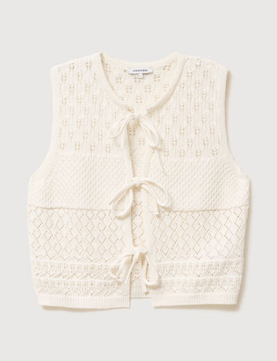 Gilet ajour&eacute; droit court sans manches creme femme