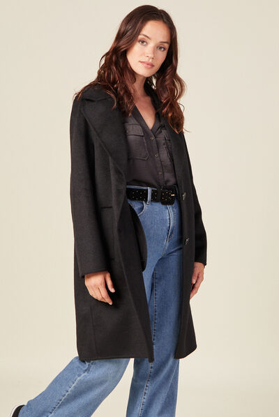 Manteau droit long boutonné noir femme