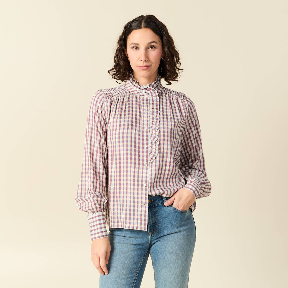 Chemise manches longues col montant marron cognac femme