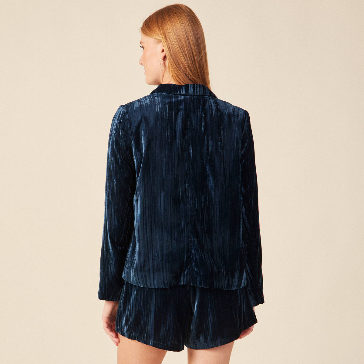 Tailleur droit court manches longues bleu canard femme