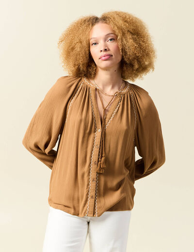 Chemise manches longues col tunisien marron clair femme