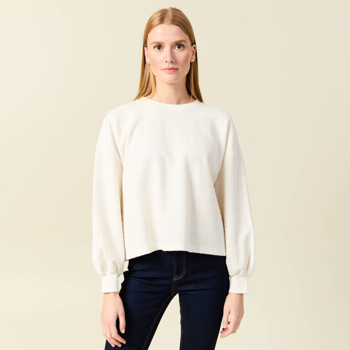 Sweat col rond manches longues ecru femme