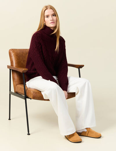 Pull manches longues col roulé rouge foncé femme