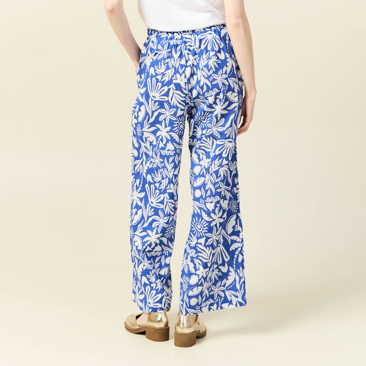 Pantalon large taille haute bleu femme