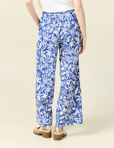 Pantalon large taille haute bleu femme
