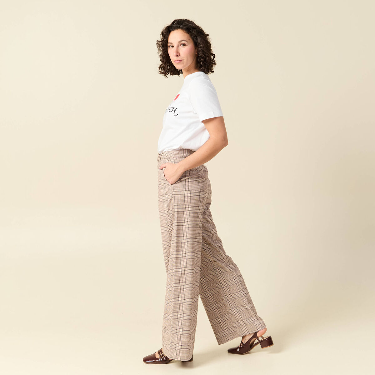 Pantalon loose taille standard fluide beige femme