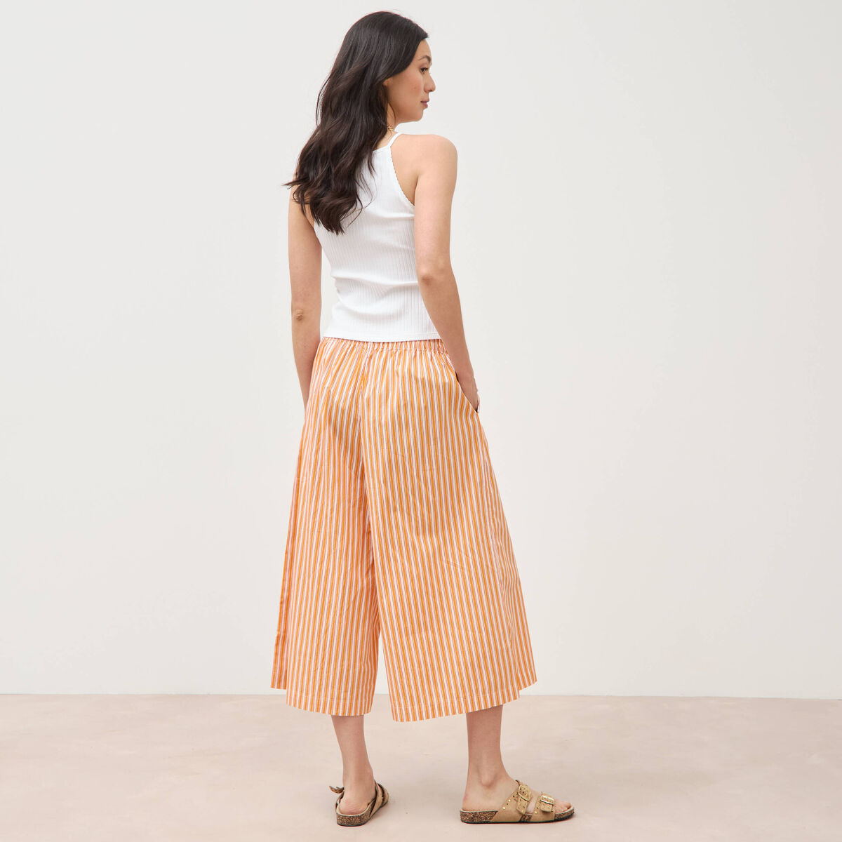 Pantalon large taille haute 3/4 en coton orange abricot femme