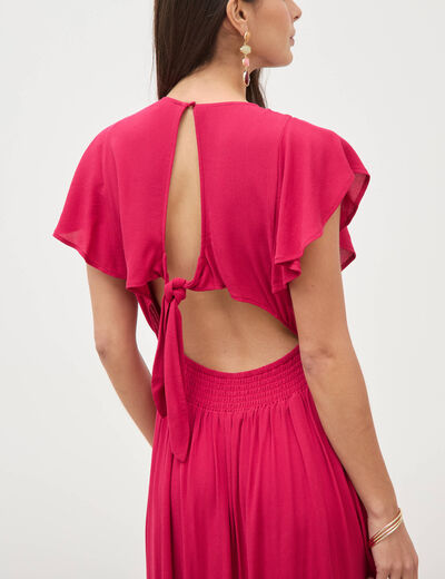Robe fluide col v manches courtes rouge clair femme