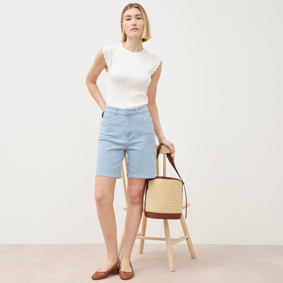 Bermuda large taille haute en jeans denim stone femme
