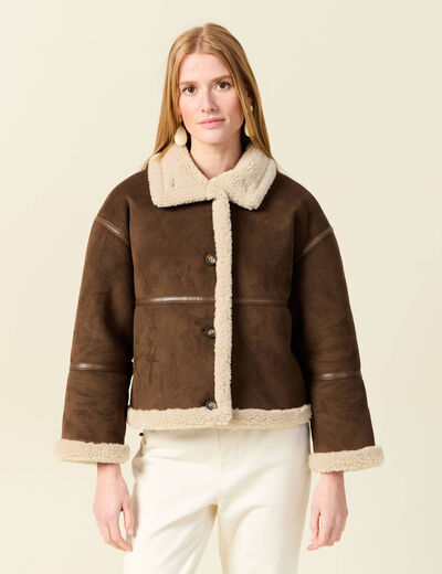 Manteau oversize court col classique marron fonc&eacute; femme