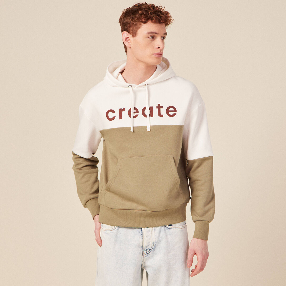 Sweat &agrave; capuche manches longues taupe homme