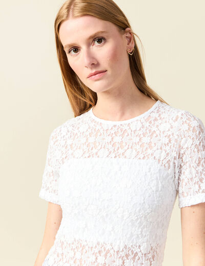 T-shirt cintr&eacute; col rond dentelle blanc femme
