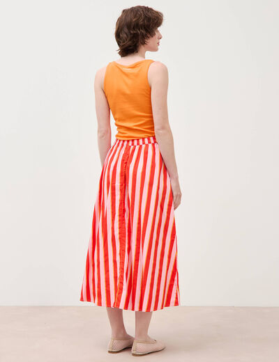 Jupe longue &eacute;vas&eacute;e en coton ray&eacute; orange corail femme