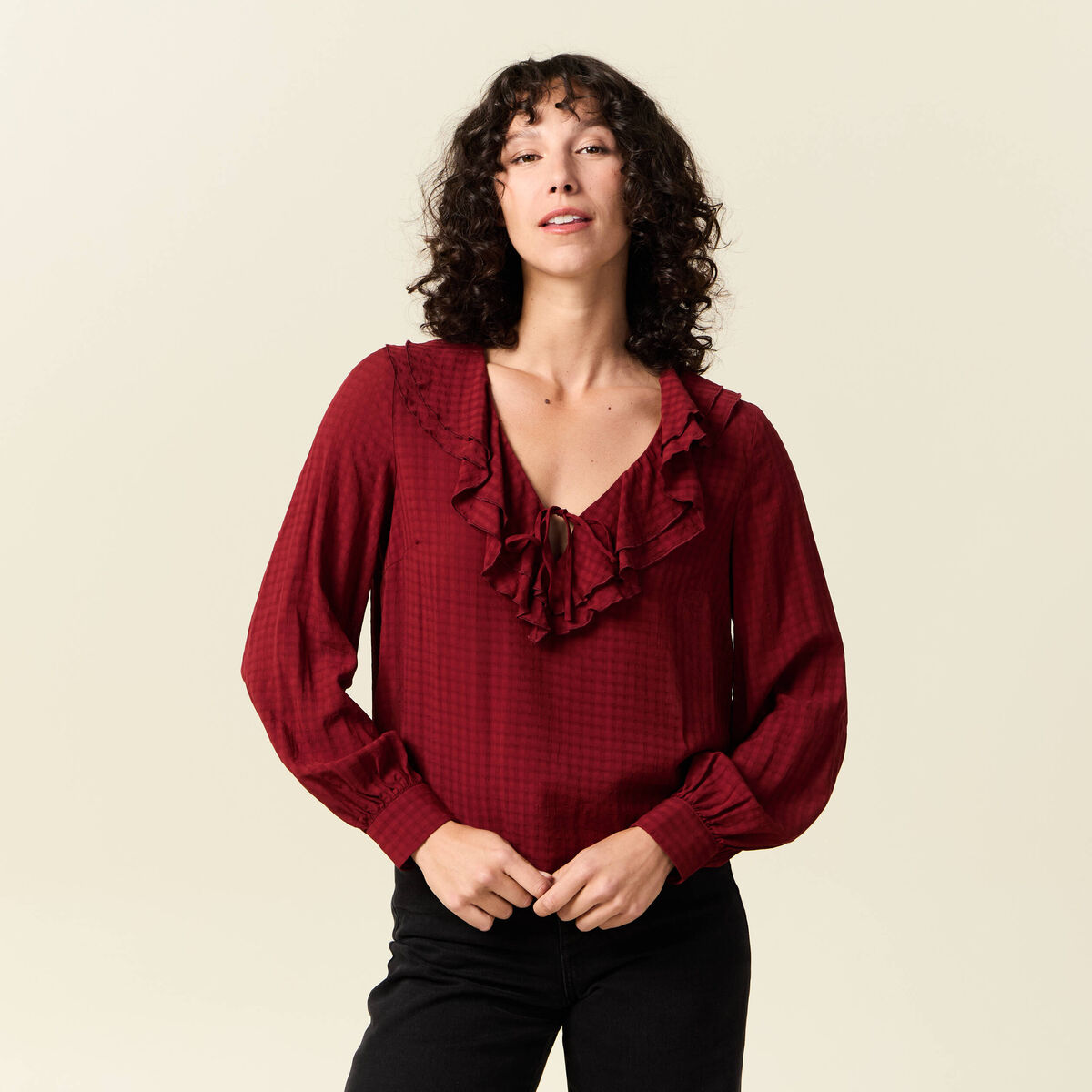 Blouse manches longues rouge fonc&eacute; femme