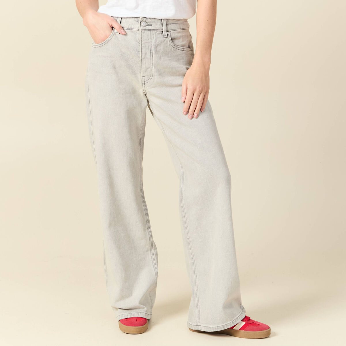 Jeans large taille haute denim gris clair femme