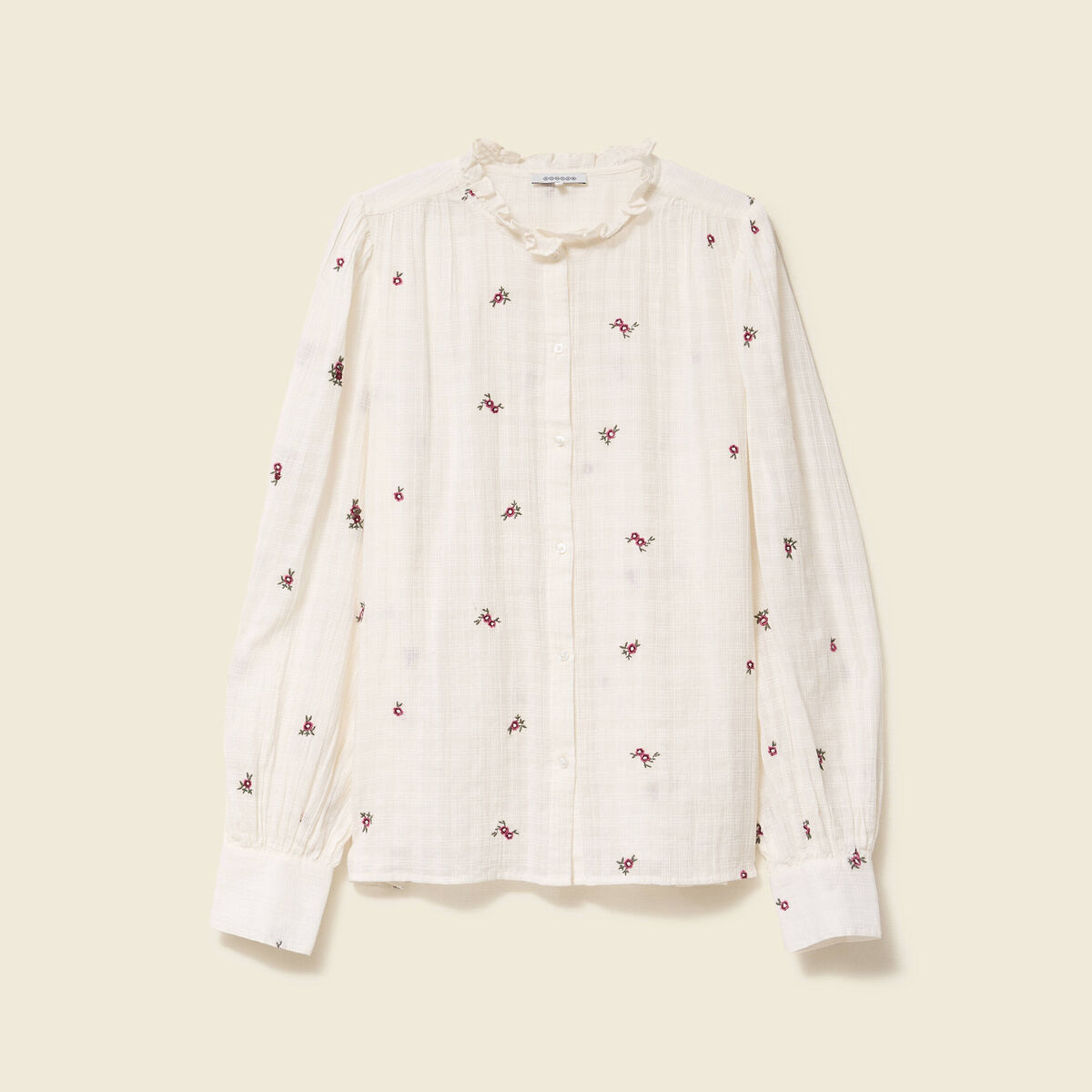 Chemise manches longues en coton brod&eacute;e blanc femme