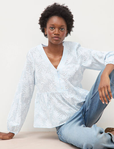 Chemise col v manches longues en coton blanc femme