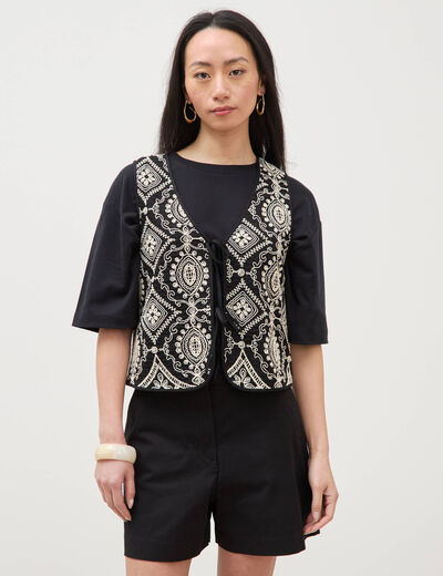 Cardigan sans manches avec broderies noir femme