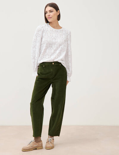 Pantalon taille haute velours resserr&eacute; vert fonc&eacute; femme