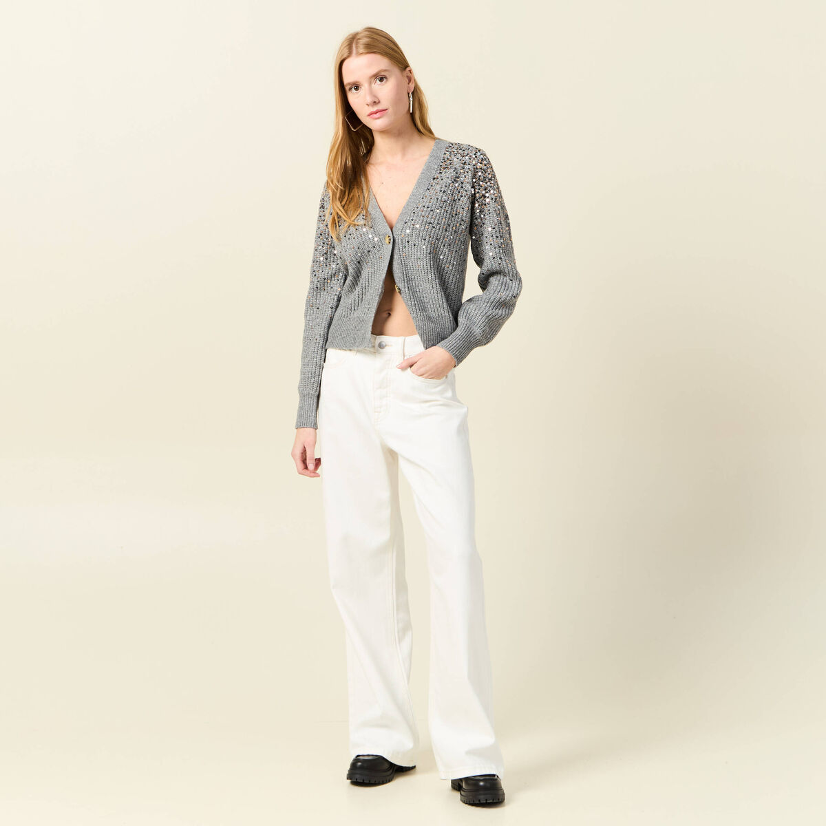 Gilet boutonné à sequins gris femme