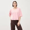 Pull droit col rond manches courtes rose clair femme