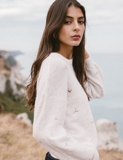 Pull droit brod&eacute; manches longues creme femme