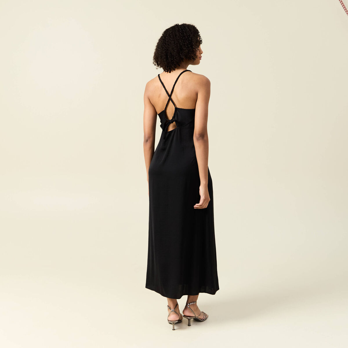 Robe midi droite satin noir femme