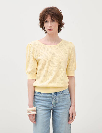 Pull ajour&eacute; droit court manches courtes jaune clair femme