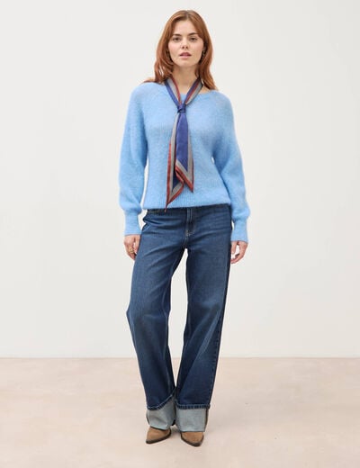 Pull manches longues col rond bleu clair femme