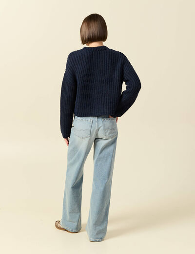 Gilet droit court manches longues bleu marine femme