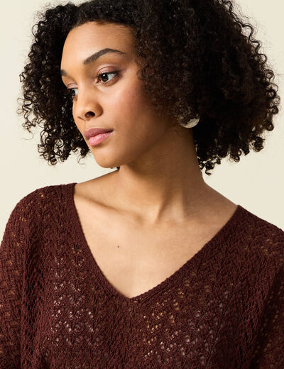 Pull manches 3/4 ajouré bordeaux femme