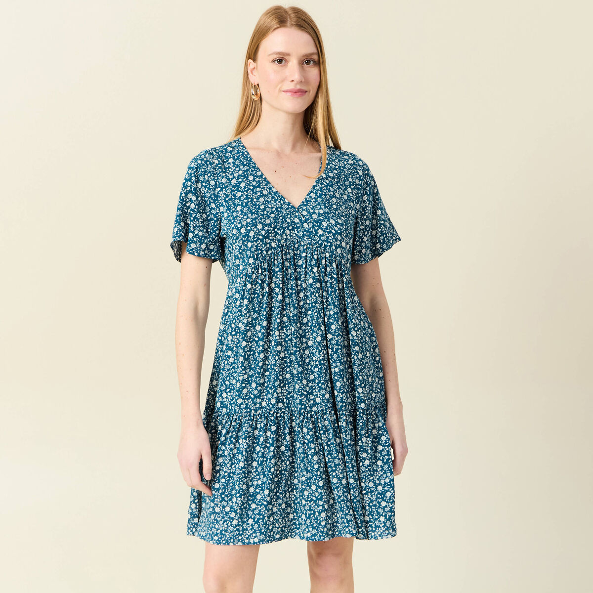 Robe évasée manches courtes bleu femme
