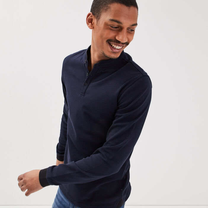  Polo  manches  longues  col  mao  bleu fonc  homme  Vib s
