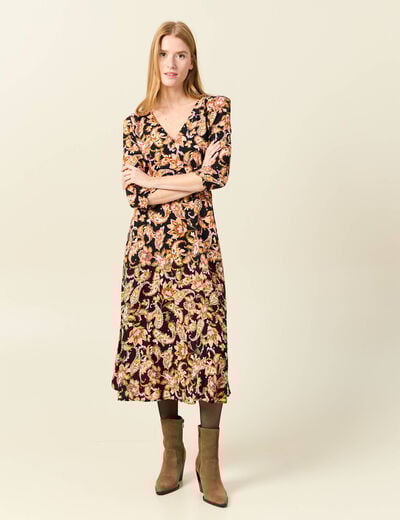 Robe midi évasée manches 3/4 noir femme