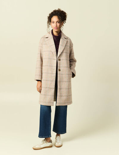 Manteau droit long col tailleur rouge clair femme