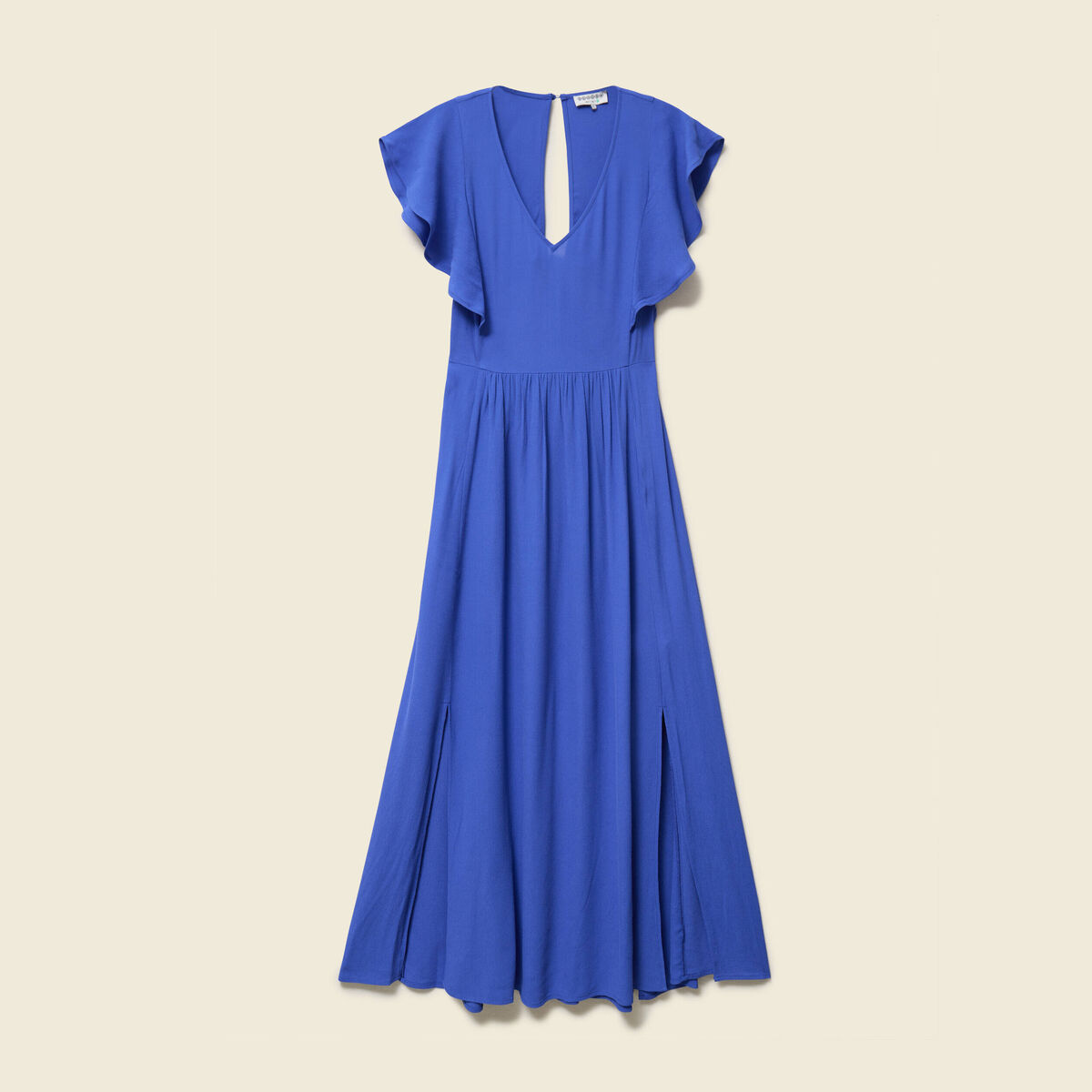 Robe fluide col v manches courtes bleu electrique femme