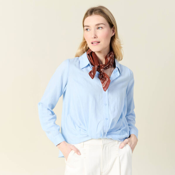 chemise manches longues nouee bleu ciel femme Chemise manches longues nouée bleu ciel femme