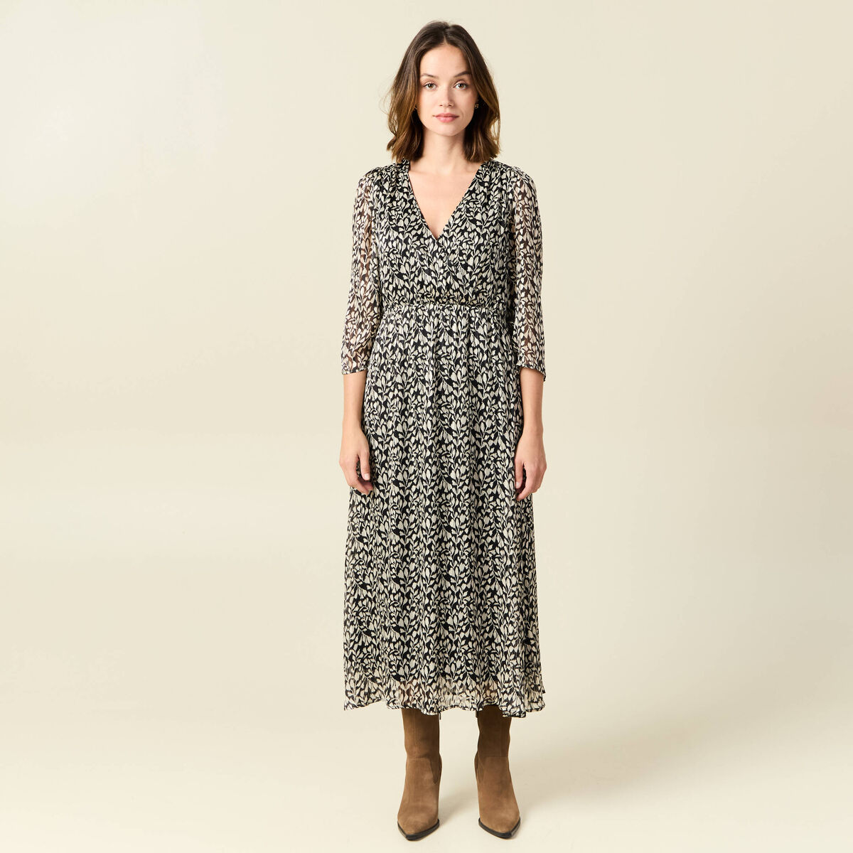 Robe longue évasée manches 3/4 noir femme