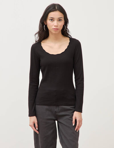 T-shirt ajust&eacute; col rond manches longues noir femme