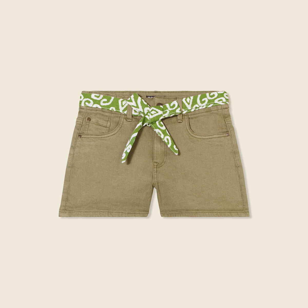 Short straight ceinturé jean vert kaki femme
