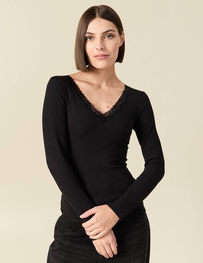 T-shirt cintr&eacute; col v dentelle noir femme